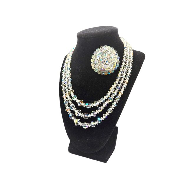 Vintage Triple Strand Graduated AB Necklace Plus brooch Set 1940s Demi Parure - Picture 1 of 8